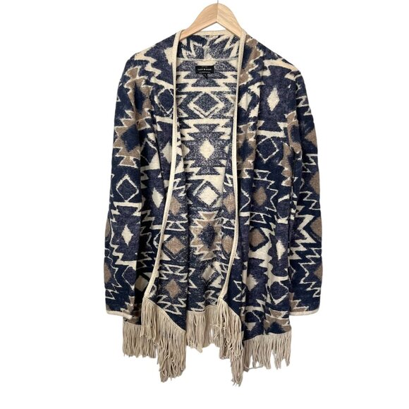 Lucky Brand Fringe Open Front Southwestern Cardigan Sweater Aztec Print boho L - Picture 1 of 11